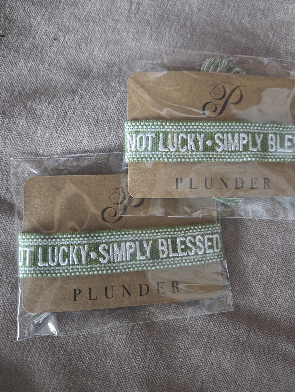 2 New Plunder Sage Green 'Not Lucky · Simply Blessed' Ribbon Bracelet